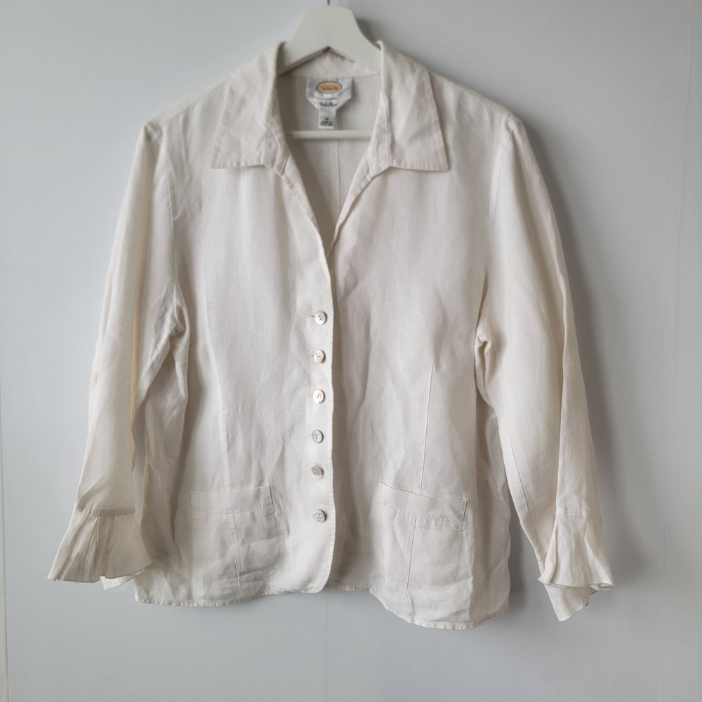 Talbots women's 100% linen button up top size 14 pockets reffed sleeve coastal